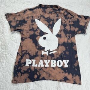 PLAYBOY Bunny Black Brown Tie-Dye 100% Cotton SS Tee Shirt Women's Medium‎ GUC